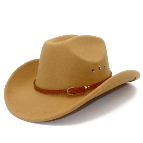 Cappello da Cowboy Western Vintage per Uomo Donna Tesa Larga in Feltro di Lana Fedora con Fibbia della Cintura in Pelle Occhielli in Metallo Cappello da Sole All'aperto