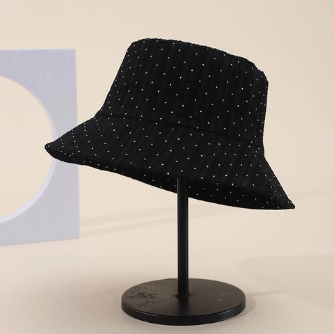 Women Fashion Cotton Bucket Hat With Sparkling Rhinestone Sunshade Outdoor Casual Foldable Summer Sun Hat For Ladies