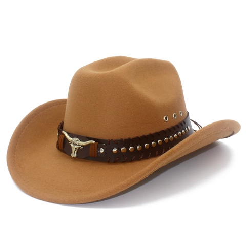 Cappello da Cowboy Western in Feltro di Lana Fedora Con Testa di Toro Rivetti Fascia Decorativa Vintage Tesa Larga Curva Per Uomo Donna Outdoor