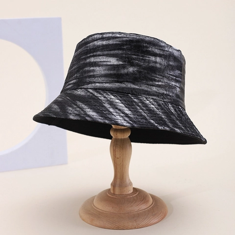 Vintage PU Tie Dye Bucket Hat Unisex Metallic Texture Sunshade Hip Hop Streetwear Outdoor Wide Brim Basin Hat