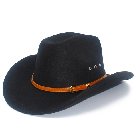 Cappello da Cowboy Western Vintage per Uomo Donna Tesa Larga in Feltro di Lana Fedora con Fibbia della Cintura in Pelle Occhielli in Metallo Cappello da Sole All'aperto