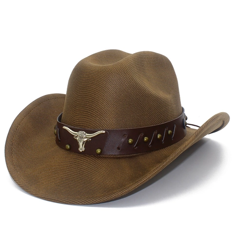 Vintage American Bull Head Cowboy Hat Retro Casual Outdoor Sun Hat With Leather Strap Rivet Decoration Western Jazz Hat