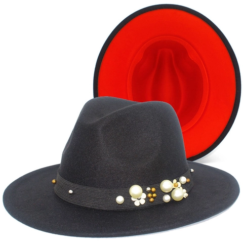 Cappello Fedora Donna Vintage Colore a Contrasto Con Fascia di Künstliche Perle Decorativo Rosso Nero Misto Cotone Feltro di Lana Tesa Larga