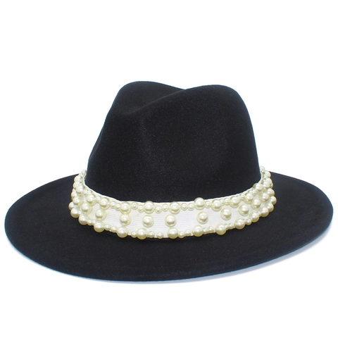 Damen Breiter Krempe Schwarzer Fedora Hut Elegantes Faux Künstliche Perlenband Dekoration Polyester Filz Britischer Stil Jazz Hut Party Kopfschmuck