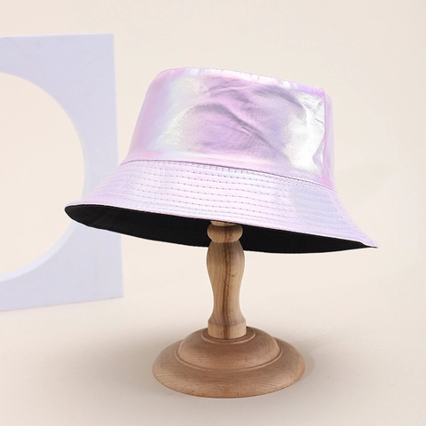 Fashion Metallic Holographic PU Leather Bucket Hat Women Sun Protection Shiny Laser Festival Party Chic Foldable Basin Hat