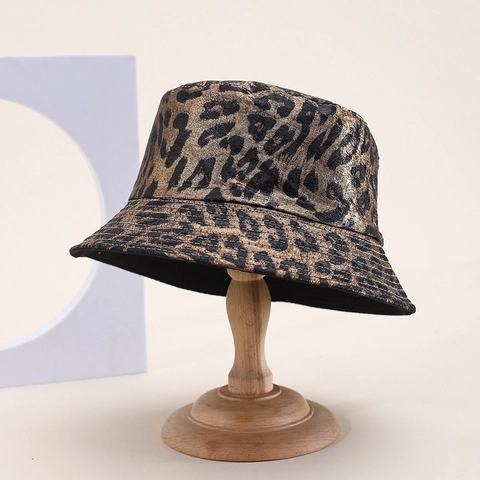 Fashion Leopard Print Bucket Hat Metallized Fabric Sun Protection Fisherman Hat Casual Wide Brim Outdoor Headwear For Women Men