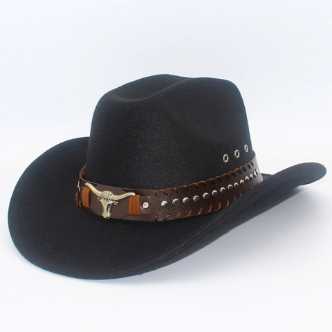 Cappello da Cowboy Western in Feltro di Lana Fedora Con Testa di Toro Rivetti Fascia Decorativa Vintage Tesa Larga Curva Per Uomo Donna Outdoor