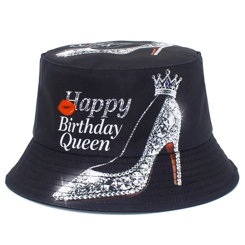 Birthday Queen Letterprint Vissershoed Strass Hoge Hakken Kroon Lippen Patroon Katoen Vakantie Feest Zonnehoed Dames