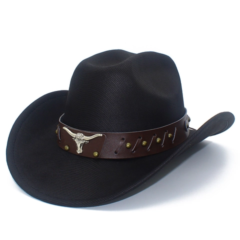 Vintage American Bull Head Cowboy Hat Retro Casual Outdoor Sun Hat With Leather Strap Rivet Decoration Western Jazz Hat