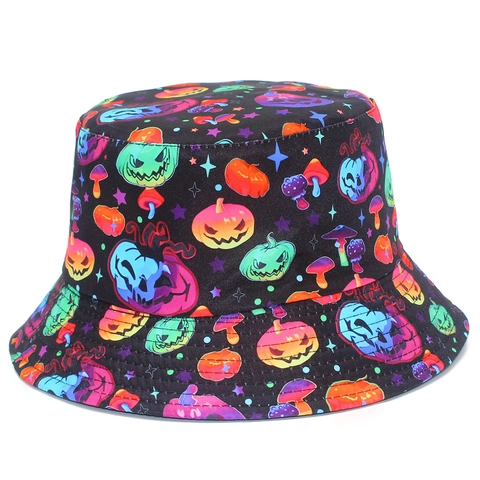 Halloween Patroon Vissershoed Katoen Omkeerbaar Zonbescherming Vissershoed Pompoen Vleermuis Print Voor Heren Dames Feest Cadeau