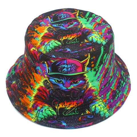 Cool DJ Cat Print Bucket Hat Neon Graffiti Reversible Streetwear Sun Hat For Women Men Foldable Cotton Fishermans Cap