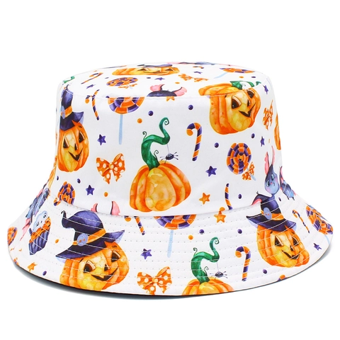 Cappello da Pescatore Reversibile Bianco con Stampa Zucca di Halloween Pipistrello per Uomo Donna Cotone Parasole Festa