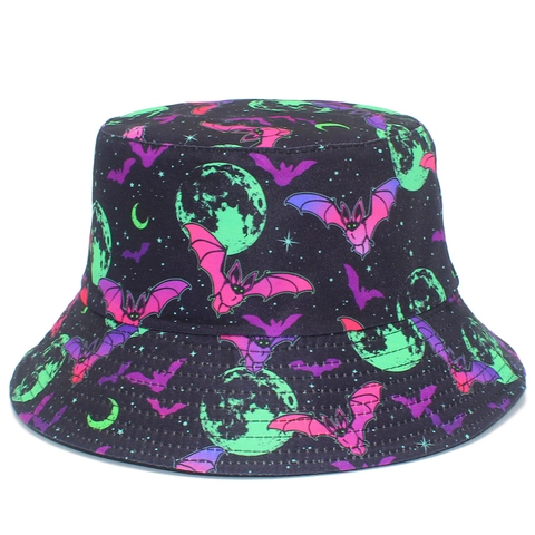 Halloween Wendbar Anglerhut Neon Fledermaus Mond Stern Muster Baumwolle Sonnenhut Für Damen Herren Party