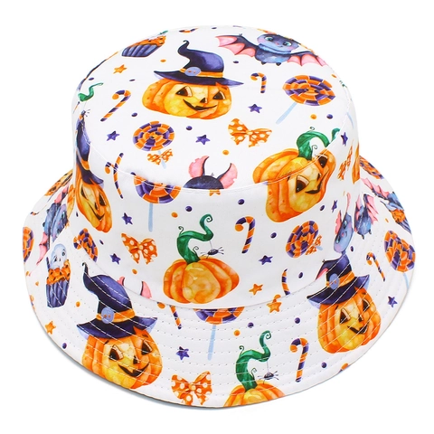 Cappello da Pescatore Reversibile Bianco con Stampa Zucca di Halloween Pipistrello per Uomo Donna Cotone Parasole Festa