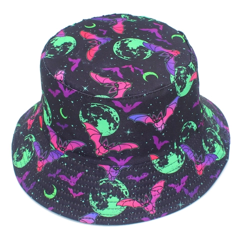 Halloween Wendbar Anglerhut Neon Fledermaus Mond Stern Muster Baumwolle Sonnenhut Für Damen Herren Party