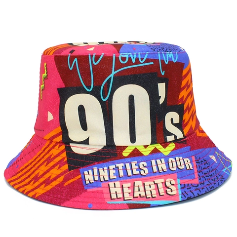 Vintage Nineties Stijl Meerkleurige Alfabet Print Omkeerbare Vissershoed Voor Dames Streetwear Zonwering Katoenen Hoed