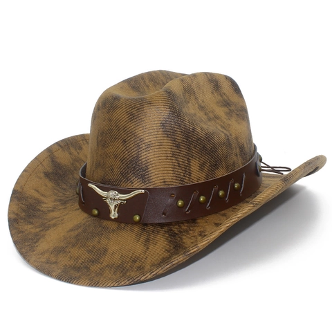 Western Cowboyhut Polyester Filz Mit Stierkopf Lederband Breite Krempe Retro Jazzhut Für Herren Damen Outdoor Sonnenschutz