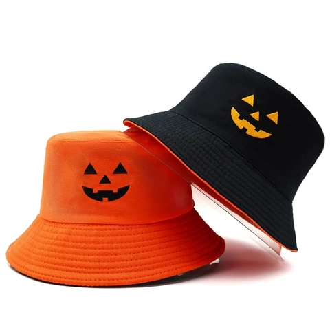 Halloween Pumpkin Smile Face Embroidered Bucket Hat Unisex Cotton Foldable Sun Protection Fisherman Cap Party Costume Accessory