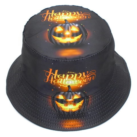 Halloween Black Cotton Bucket Hat With Glowing Jack-O'-Lantern Pumpkin And Happy Halloween Print Fashion Fisherman Hat