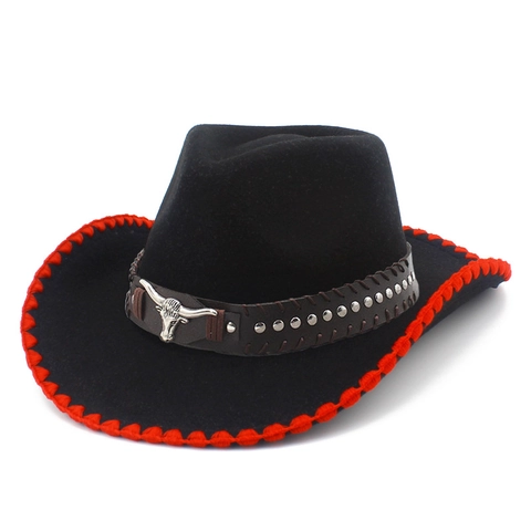 Cappello da Cowboy Western Vintage da Donna Con Decorazione a Testa di Toro in Metallo Rivetti Cinturino in Pelle Tesa Larga In Feltro di Lana