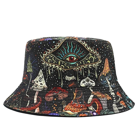 Bob Réversible Motif Champignon Psychédélique pour Hommes Femmes Coton Impression Œil Chapeau de Soleil