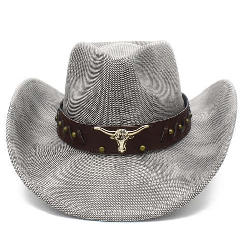 Western Cowboy Hat Retro Bull Head Emblem Leather Band Woven Wide Brim Fedora For Outdoor Travel Sun Hat Women Men