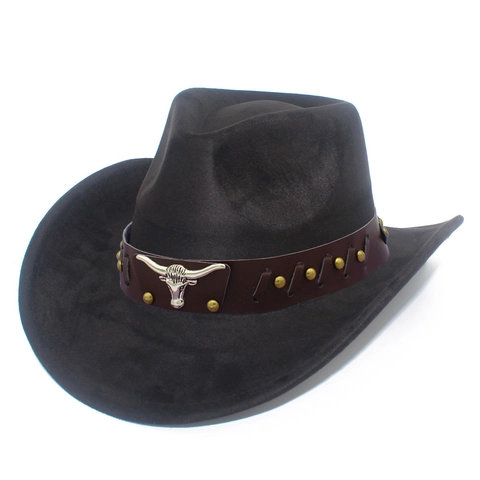 Vintage Western Cowboy Hat Suede Material Leather Band Rivets Metal Bull Head Design Outdoor Sunshade Jazz Fedora Hat