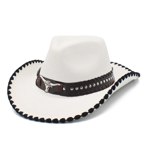 Cappello da Cowboy Western Vintage da Donna Con Decorazione a Testa di Toro in Metallo Rivetti Cinturino in Pelle Tesa Larga In Feltro di Lana