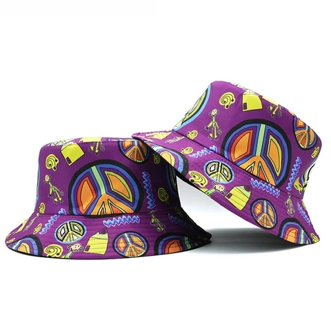 Cappello a Secchiello Reversibile Con Stampa Graffiti Viola in Cotone Streetwear Protezione Solare Per Donna Uomo