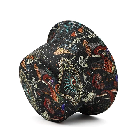 Bob Réversible Motif Champignon Psychédélique pour Hommes Femmes Coton Impression Œil Chapeau de Soleil