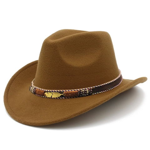 Vintage Ethnic Western Cowboy Hat With Metal Feather Decoration Polyester Felt Wide Brim Fedora Hat For Men Women