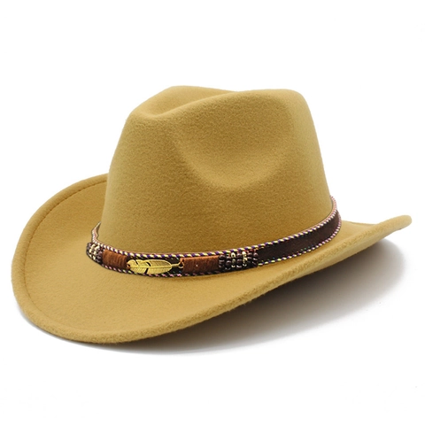 Vintage Ethnic Western Cowboy Hat With Metal Feather Decoration Polyester Felt Wide Brim Fedora Hat For Men Women