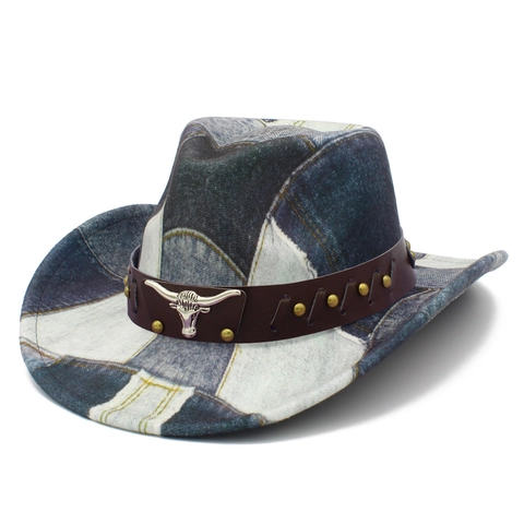 Retro Western Cowboy Hat Patchwork Denim Fedora Hat With Bull Head Leather Band Wide Brim Outdoor Sun Hat For Women Men