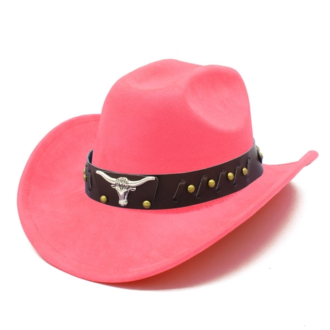 Vintage Western Cowboy Hat Polyester Faux Suede With Bull Head Decoration Leather Band Rivets Wide Brim Fedora Hat For Men Women
