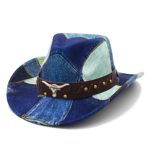 Retro Western Cowboy Hat Patchwork Denim Fedora Hat With Bull Head Leather Band Wide Brim Outdoor Sun Hat For Women Men