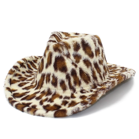 Cappello Western Cowboy in Ecopelliccia con Stampa Leopardata per Uomo Donna Autunno Inverno Caldo a Tesa Larga Fedora Jazz Hat