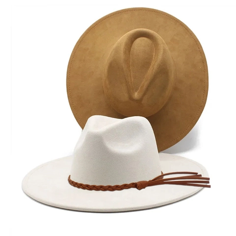 Women Men Faux Suede Fedora Hat Wide Brim Western Jazz Style With Braided Band And Tassels Solid Color Fashion Sun Hat