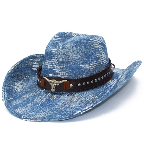 Chapeau de Cow-boy de l'Ouest Avec Paillettes Brillantes Et Boucle Tête de Taureau Style Denim Vintage Bord Large Fête Mode Pour Hommes Femmes