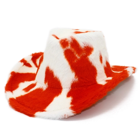 Cappello da Cowboy in Peluche con Stampa Mucca per Uomo Donna Stile Occidentale Pelliccia Sintetica Caldo Inverno Tesa Larga Fedora