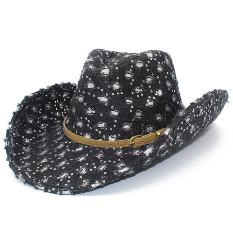Western Cowboy Hat Distressed Denim Sequin Bling Cowgirl Hat With Belt Buckle Vintage Rock Style Party Performance Hat