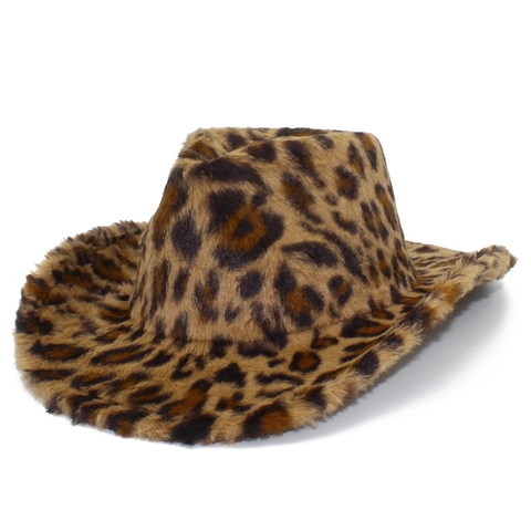 Cappello Western Cowboy in Ecopelliccia con Stampa Leopardata per Uomo Donna Autunno Inverno Caldo a Tesa Larga Fedora Jazz Hat