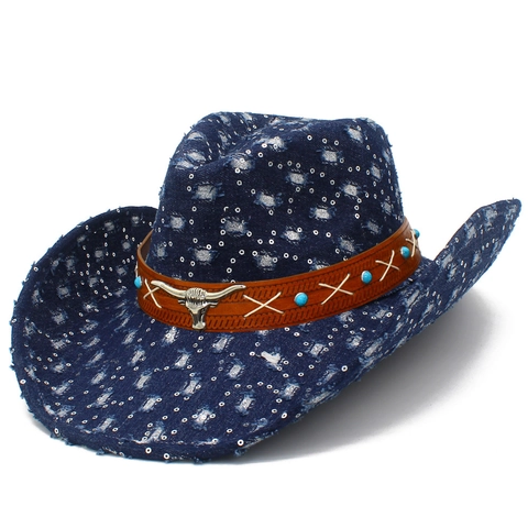 Vintage Western Cowboy Hat Sequin Denim Distressed Cow Head Decor Fedora Jazz Hat Retro Ethnic Sunshade Party Hat