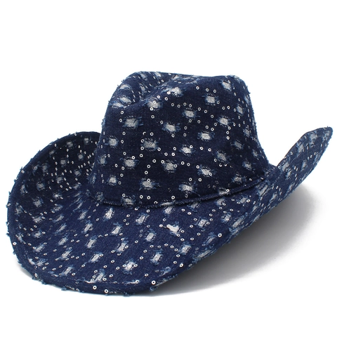 Cappello da Cowboy in Denim Logoro Decorato con Paillettes Argento Vintage Stile Occidentale Tesa Larga Curva Cappello Jazz Donna Festa