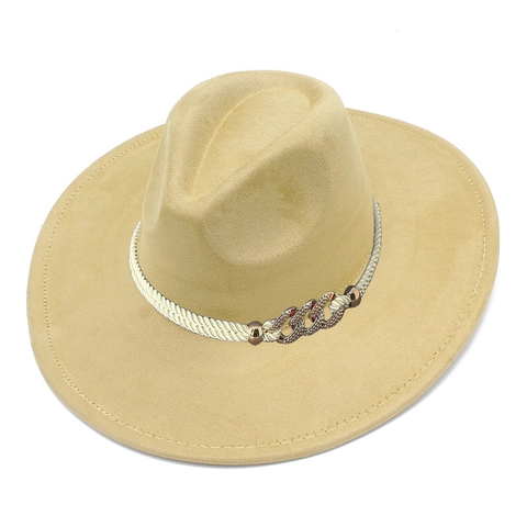 Vintage Wide Brim Fedora Hat Suede Fabric Jazz Cap With Braided Rope And Metal Chain For Women Party Travel Daily Accessory