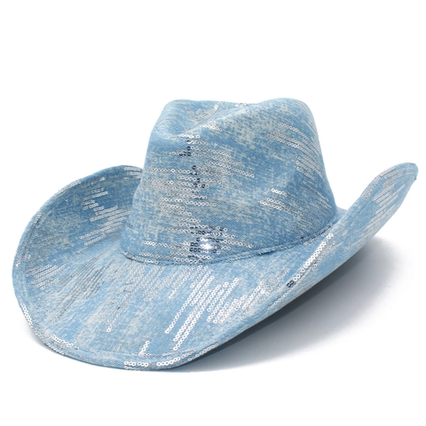 Cappello da Cowboy Western Con Paillettes Argentate Stile Denim Cappello Jazz per Donna Uomo Festa Spettacolo Stile Retro Blu Fedora