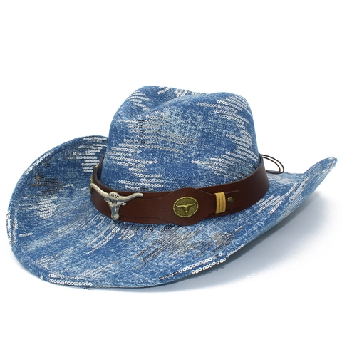Cappello da Cowboy Western in Denim con Paillettes Scintillanti e Cinturino in Pelle con Testa di Toro Vintage