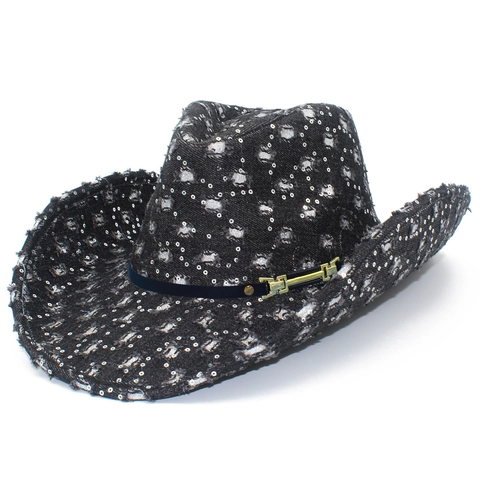 Cappello da Cowboy Western in Denim Distressed con Paillettes Argentate Lucide Tesa Larga Jazz con Fibbia Dorata Donna