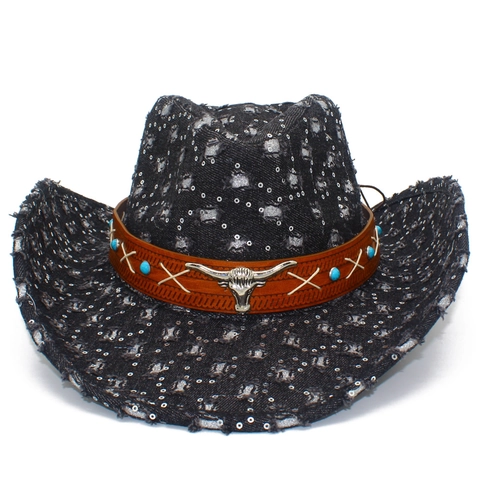 Vintage Western Cowboy Hat Sequin Denim Distressed Cow Head Decor Fedora Jazz Hat Retro Ethnic Sunshade Party Hat
