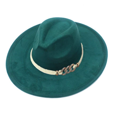 Vintage Wide Brim Fedora Hat Suede Fabric Jazz Cap With Braided Rope And Metal Chain For Women Party Travel Daily Accessory