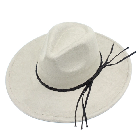 Faux Suede Wide Brim Fedora Hat With Braided Band And Tassels Heart Top Solid Color Jazz Hat For Men Women Cowboy Style